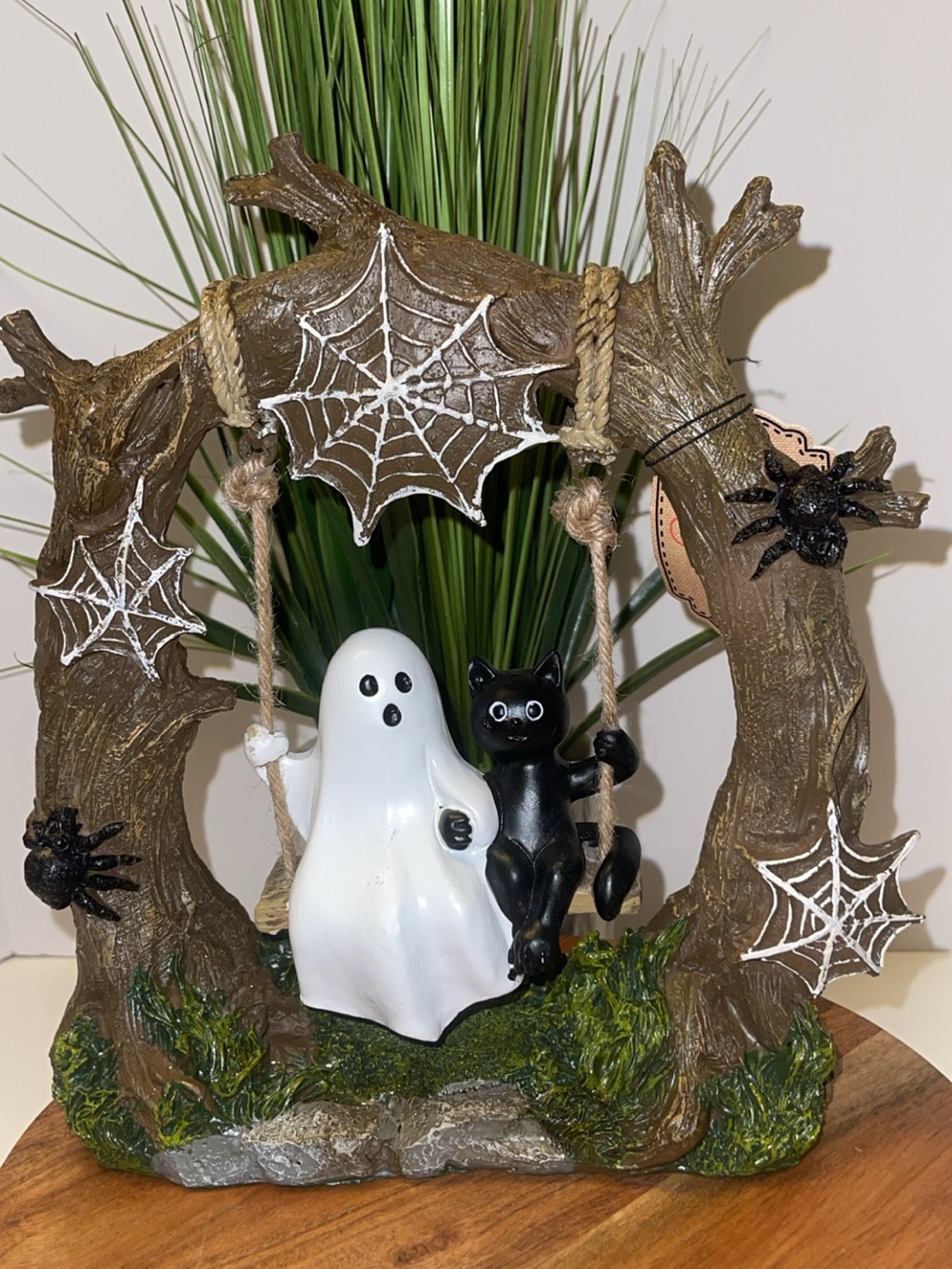 Halloween Ghost & Black Cat Swing Figurine - Brown, White, Black